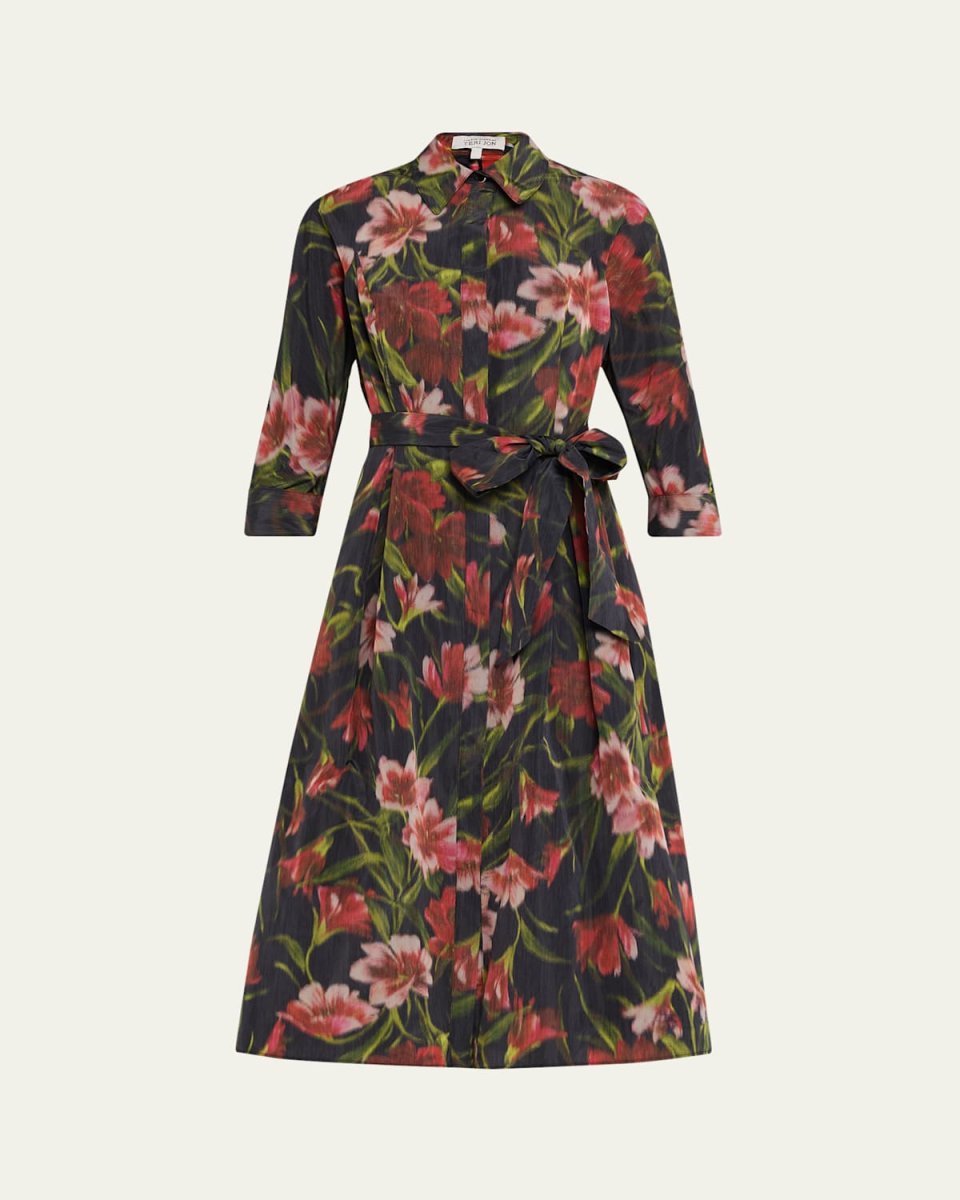 Taffeta Faille Hazy Floral-Print Midi Shirtdress